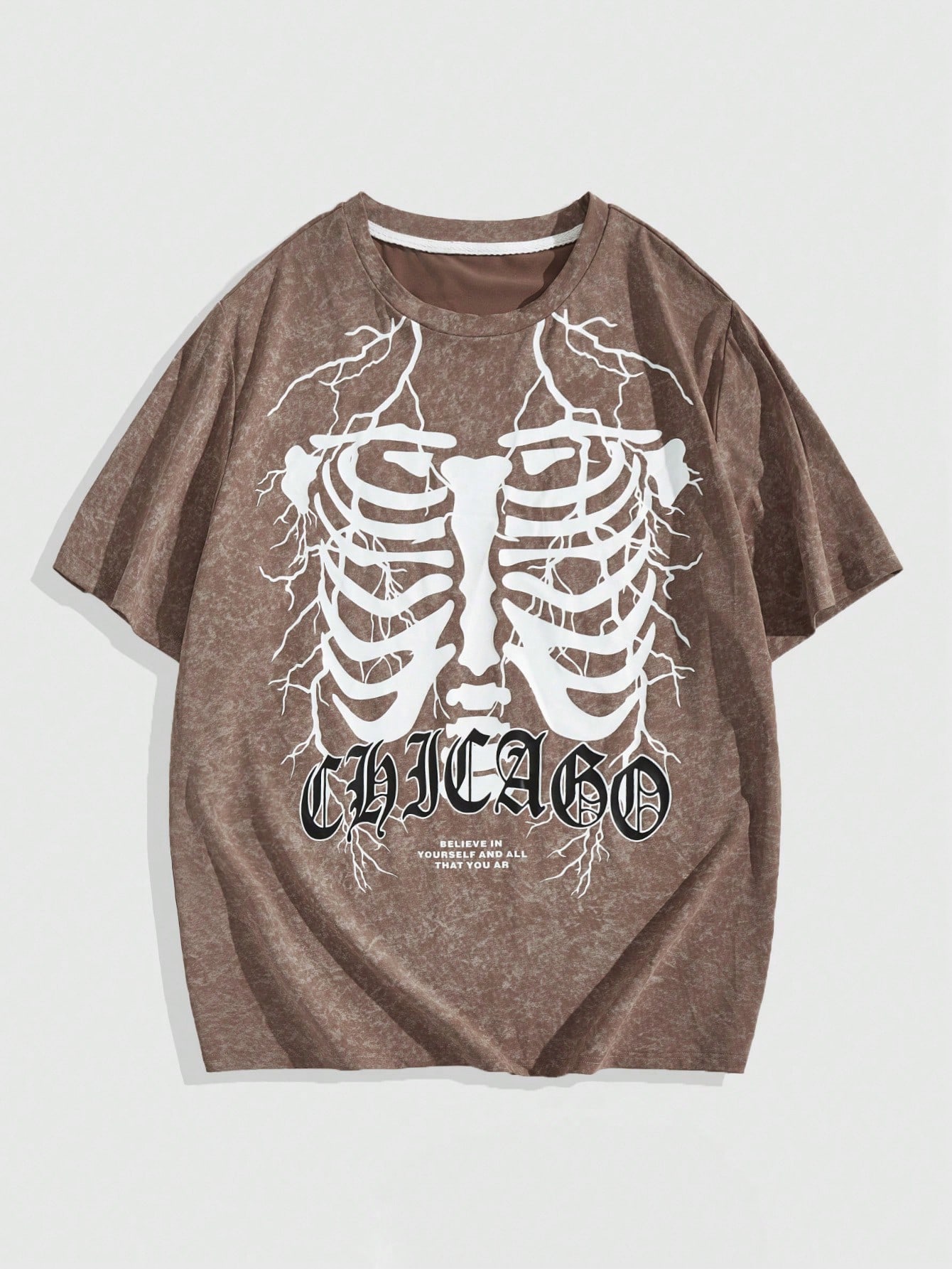 Grunge Punk Men Casual And Fashionable Short-Sleeved T-Shirt With Skull And Letter Print And Round Neck For Summer
